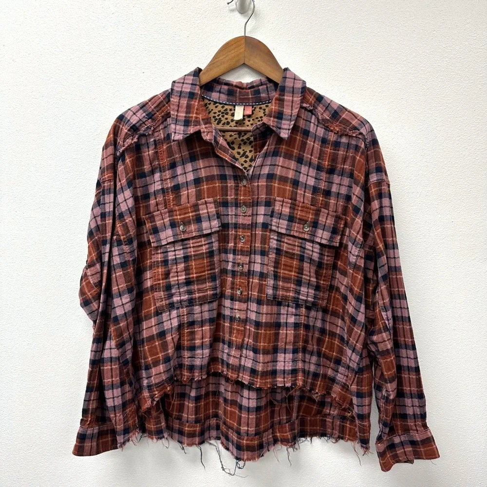 Pilcro High Low Raw Hem‎ Flannel Pink Combo L